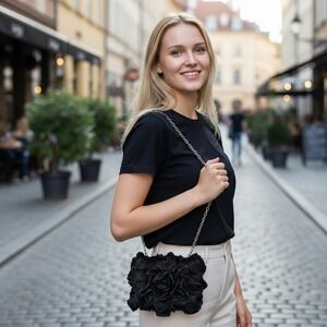 Expressions NYC Black Rose‎ Satin Evening Bag Party Clutch Chain Strap